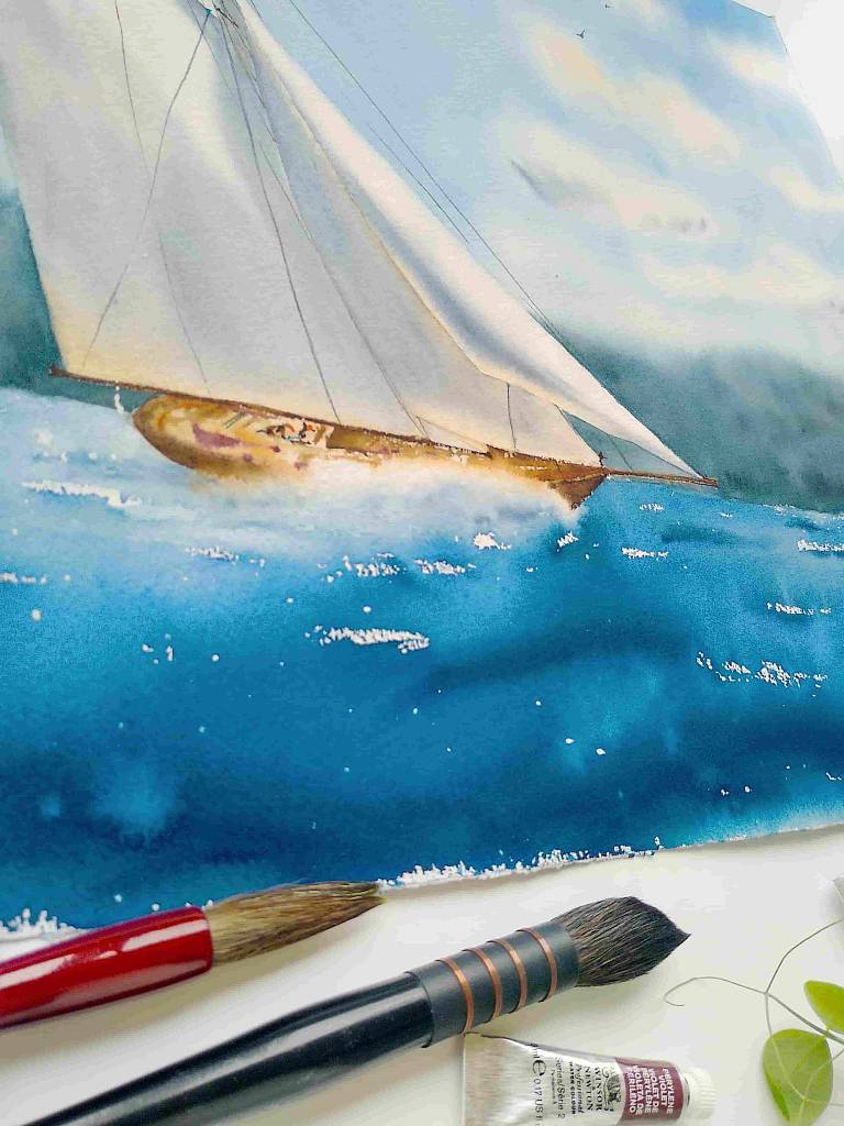 Картина море яхта. Морской пейзаж акварель корабль парусник Фото #1
